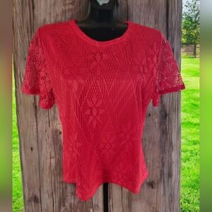 J. Janet Red Floral Lace T-Shirt